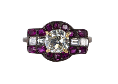 Old Mine Cut Diamond, Ruby, and Rectangular Diamond Art Deco Ring