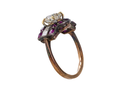 Old Mine Cut Diamond, Ruby, and Rectangular Diamond Art Deco Ring