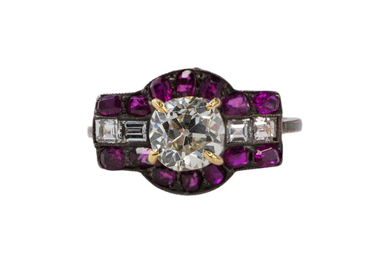 Old Mine Cut Diamond, Ruby, and Rectangular Diamond Art Deco Ring