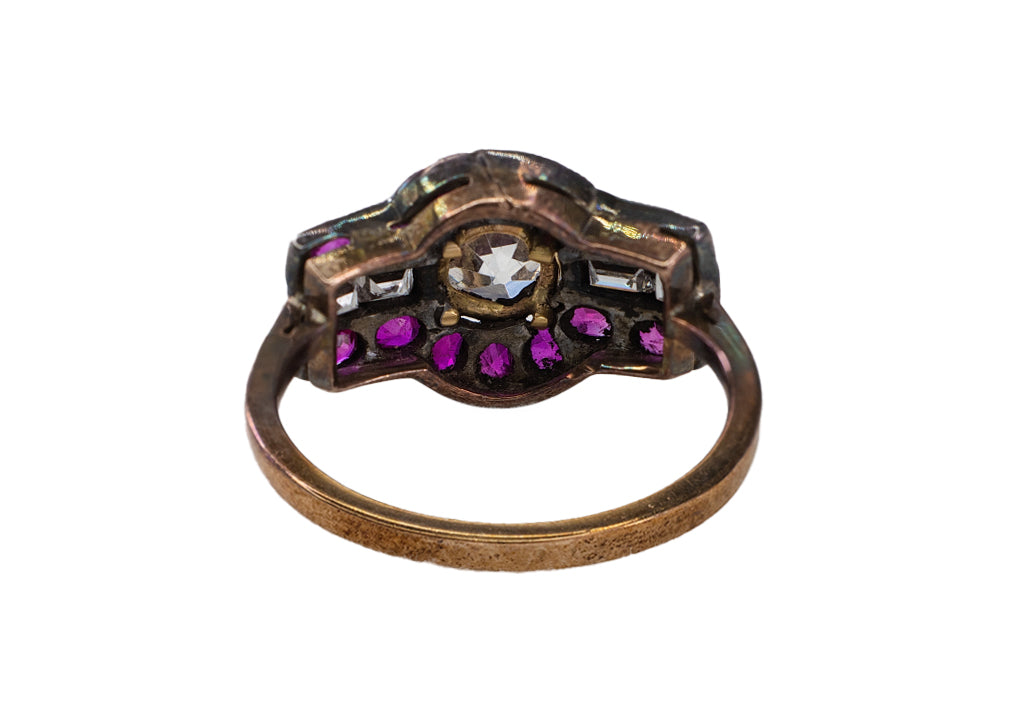 Old Mine Cut Diamond, Ruby, and Rectangular Diamond Art Deco Ring