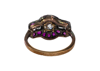 Old Mine Cut Diamond, Ruby, and Rectangular Diamond Art Deco Ring