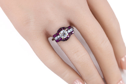 Old Mine Cut Diamond, Ruby, and Rectangular Diamond Art Deco Ring