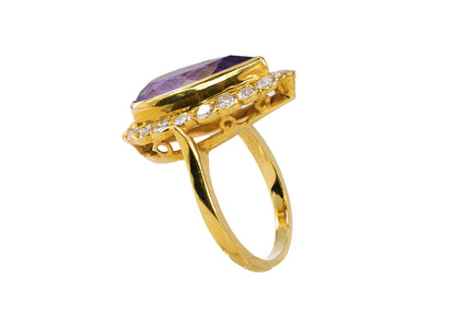 Yellow Gold Pear-Shaped Amethyst and Diamond Halo Cocktail Ring