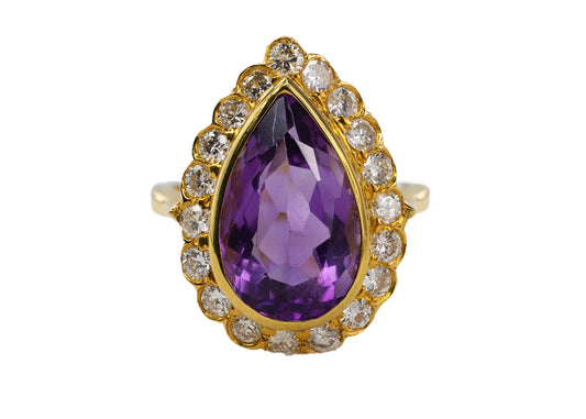 Yellow Gold Pear-Shaped Amethyst and Diamond Halo Cocktail Ring