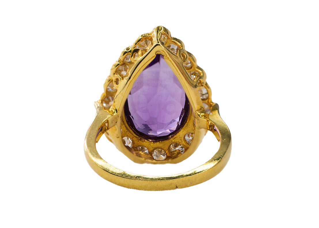 Yellow Gold Pear-Shaped Amethyst and Diamond Halo Cocktail Ring