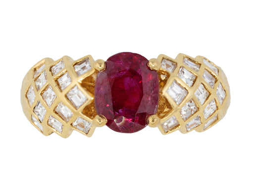 Oval Ruby with Diamond Lattice Shoulders Ring