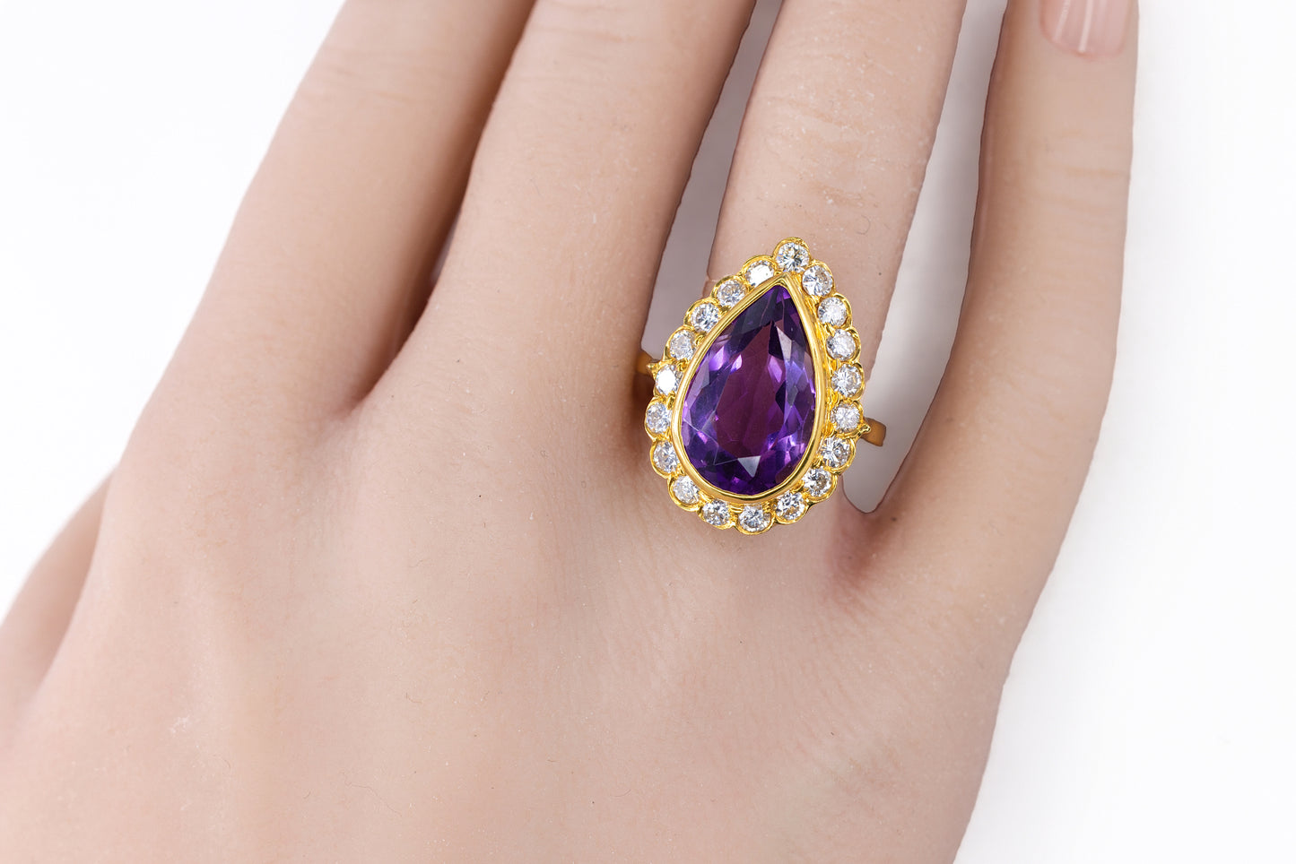 Yellow Gold Pear-Shaped Amethyst and Diamond Halo Cocktail Ring