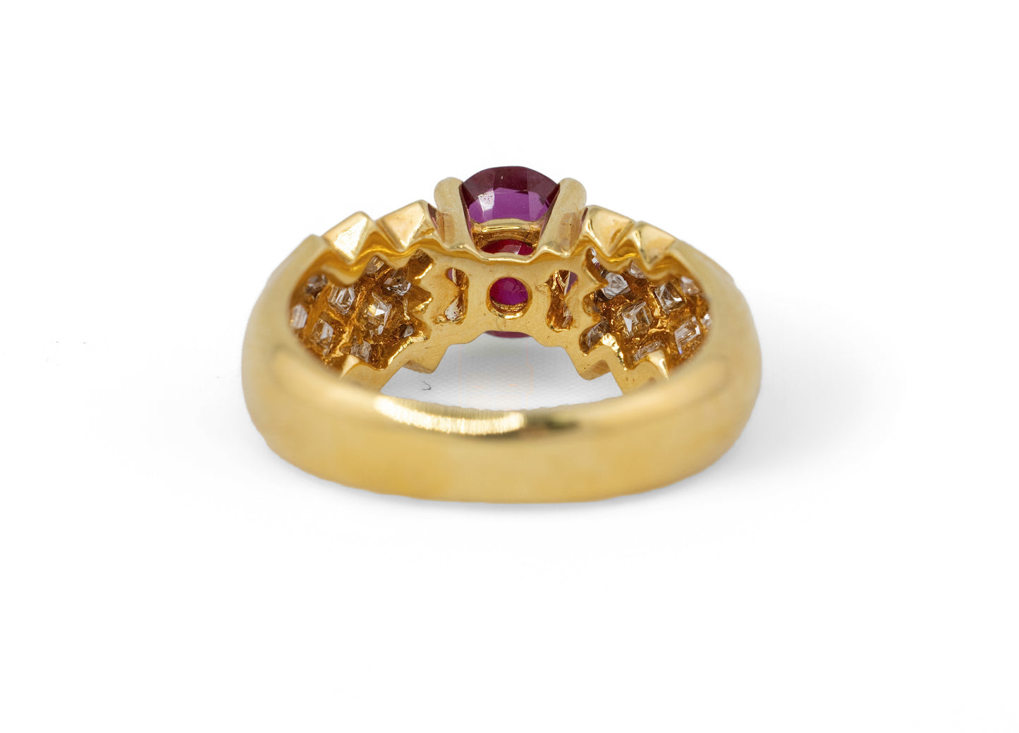 Oval Ruby with Diamond Lattice Shoulders Ring