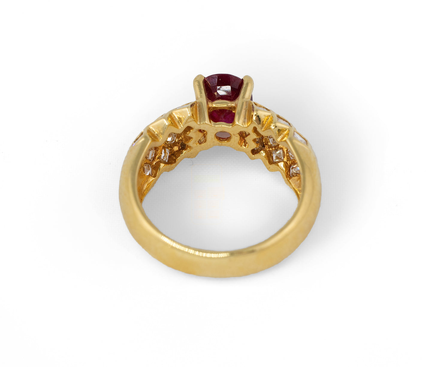 Oval Ruby with Diamond Lattice Shoulders Ring