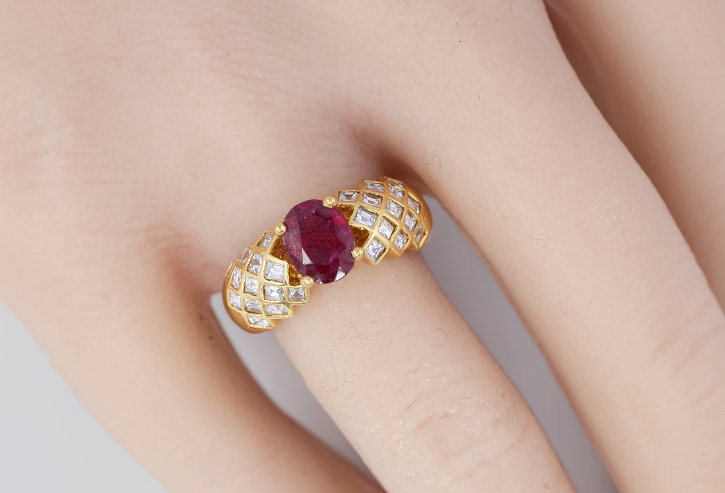 Oval Ruby with Diamond Lattice Shoulders Ring