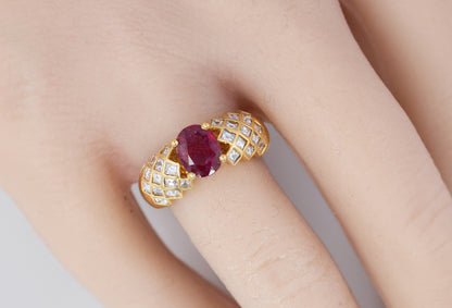 Oval Ruby with Diamond Lattice Shoulders Ring