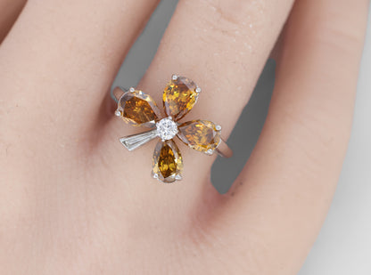 Orange and White Diamond Flower Motif Cocktail Ring