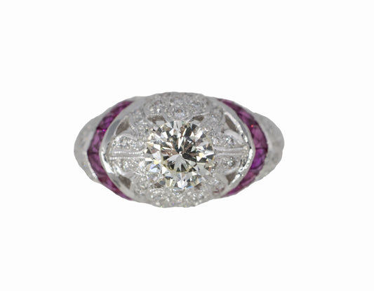 Round Diamond and Ruby Filigree Cocktail Ring