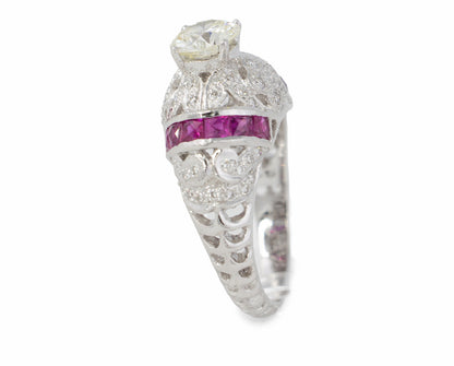 Round Diamond and Ruby Filigree Cocktail Ring