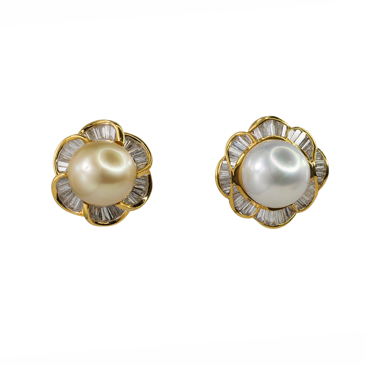 18k Yellow Gold South Sea Pearl and Baguette Diamond Floral Earrings