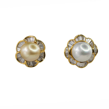 18k Yellow Gold South Sea Pearl and Baguette Diamond Floral Earrings