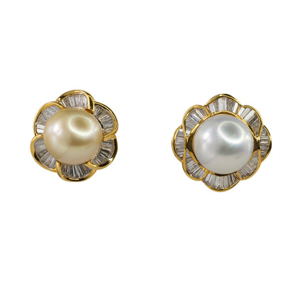 18k Yellow Gold South Sea Pearl and Baguette Diamond Floral Earrings