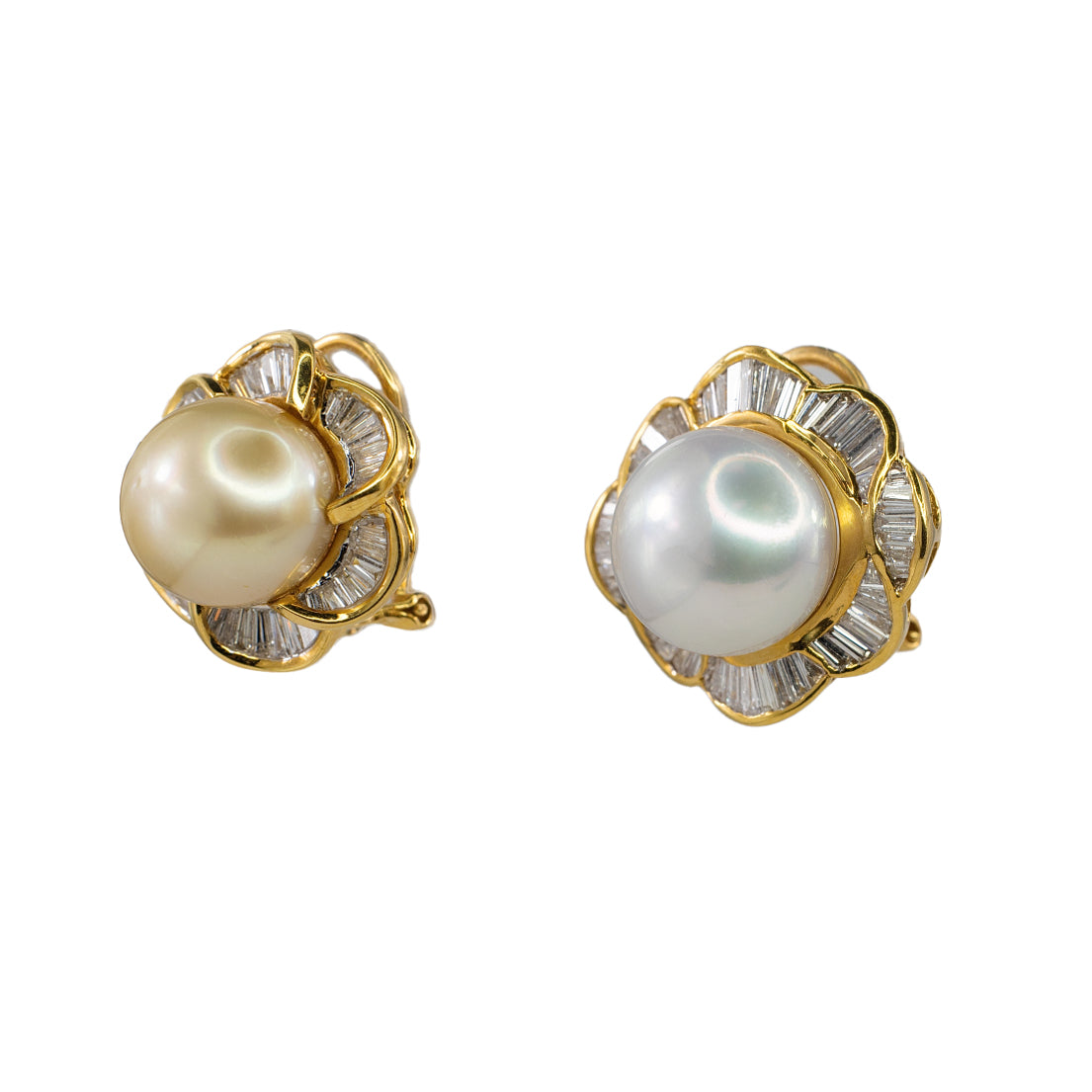 18k Yellow Gold South Sea Pearl and Baguette Diamond Floral Earrings