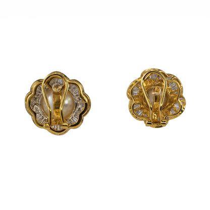18k Yellow Gold South Sea Pearl and Baguette Diamond Floral Earrings