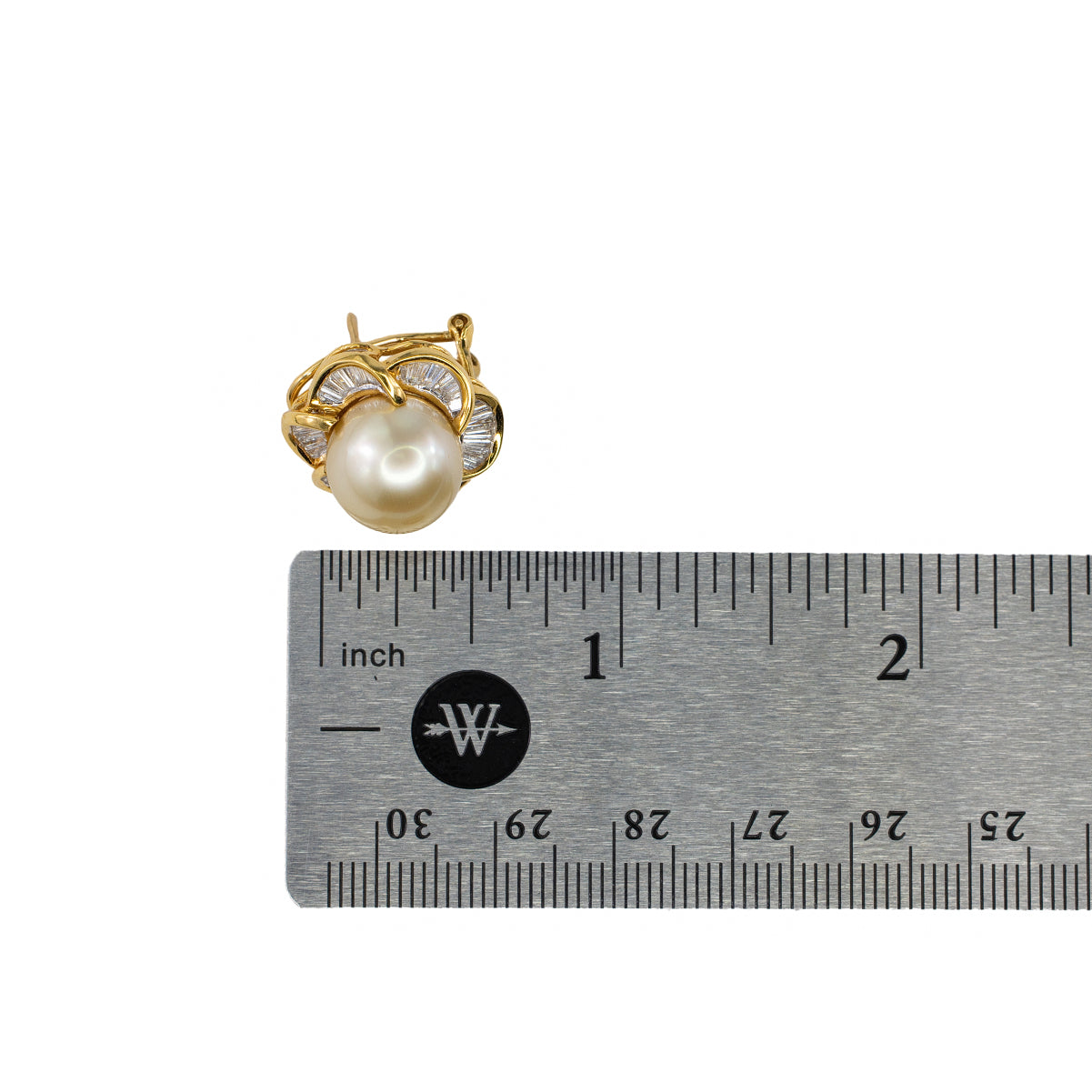18k Yellow Gold South Sea Pearl and Baguette Diamond Floral Earrings
