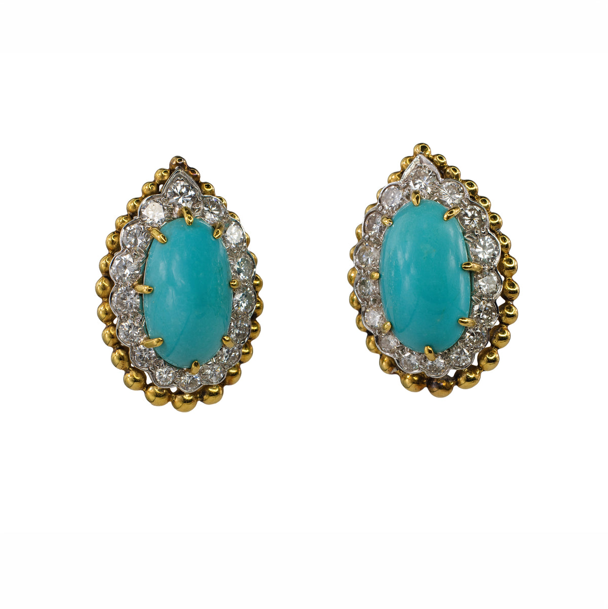 David Webb 18k Gold & Platinum Turquoise and Diamond Clip-On Earrings