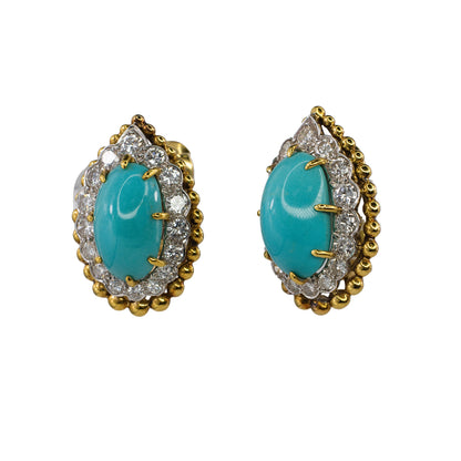 David Webb 18k Gold & Platinum Turquoise and Diamond Clip-On Earrings