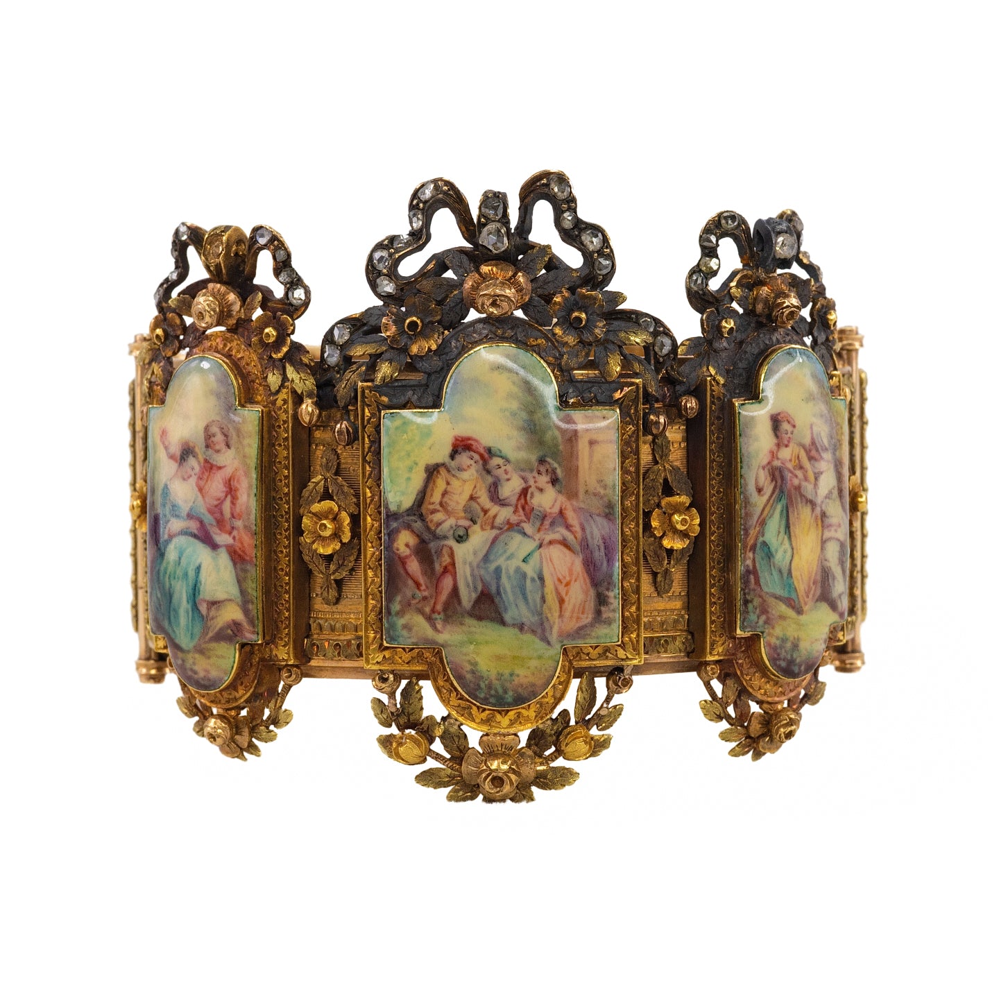 Antique Victorian Enamel and Diamond Panel Bracelet
