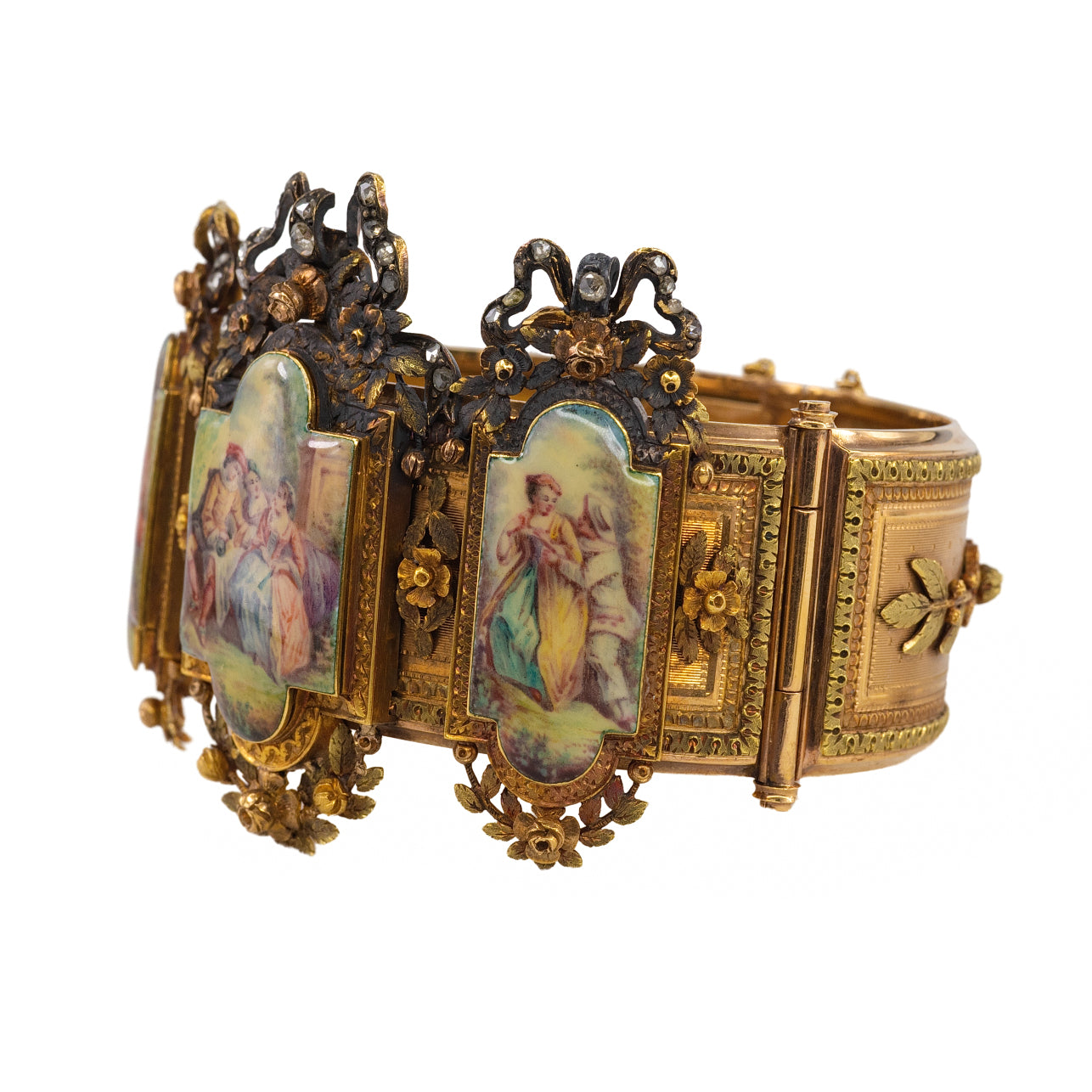 Antique Victorian Enamel and Diamond Panel Bracelet