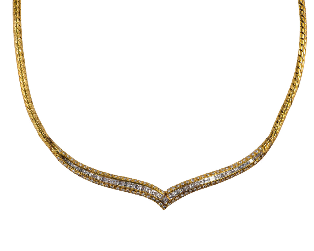 Gold Baguette & Brilliant Cut Diamond Chevron Collar Necklace