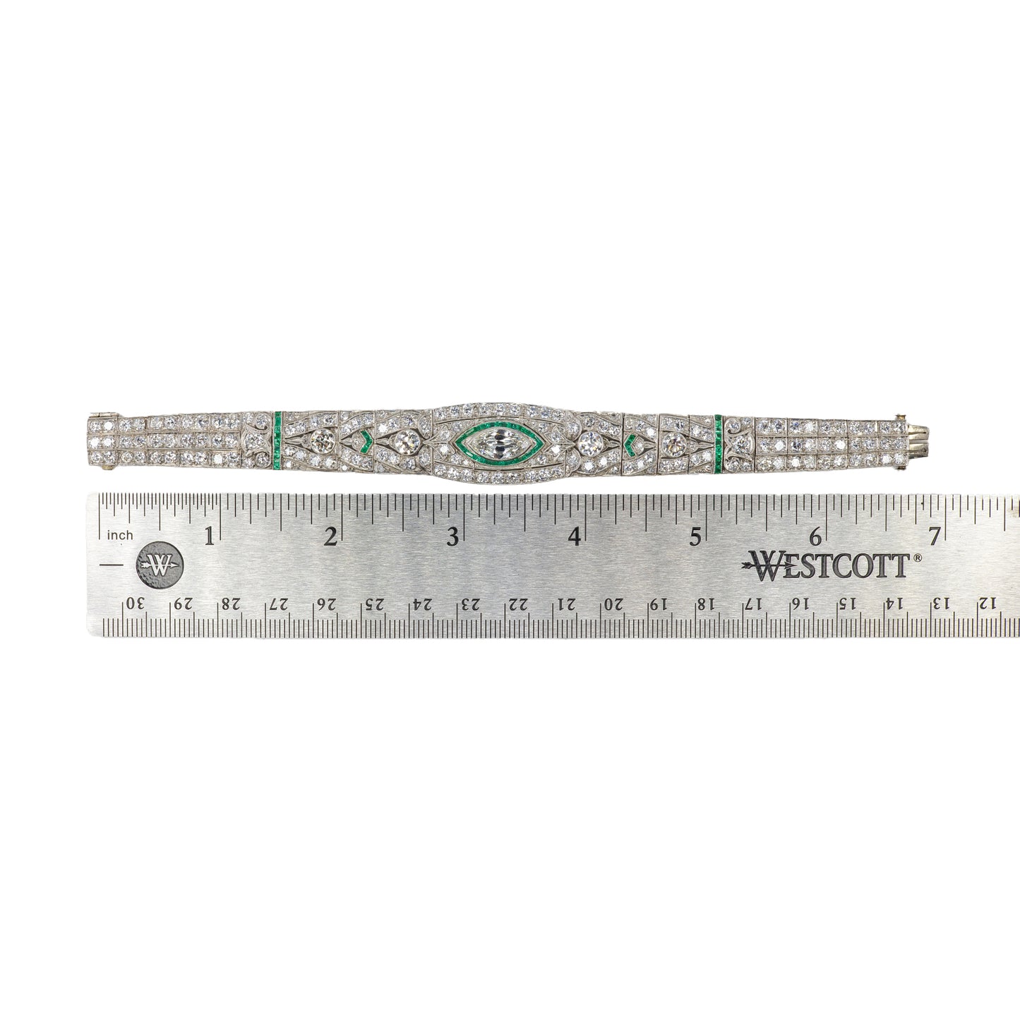 Platinum Art Deco Diamond and Calibre-Cut Emerald Geometric Bracelet