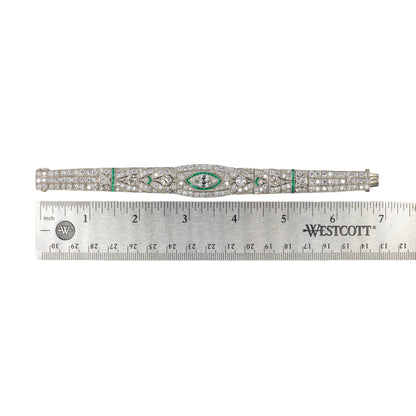 Platinum Art Deco Diamond and Calibre-Cut Emerald Geometric Bracelet