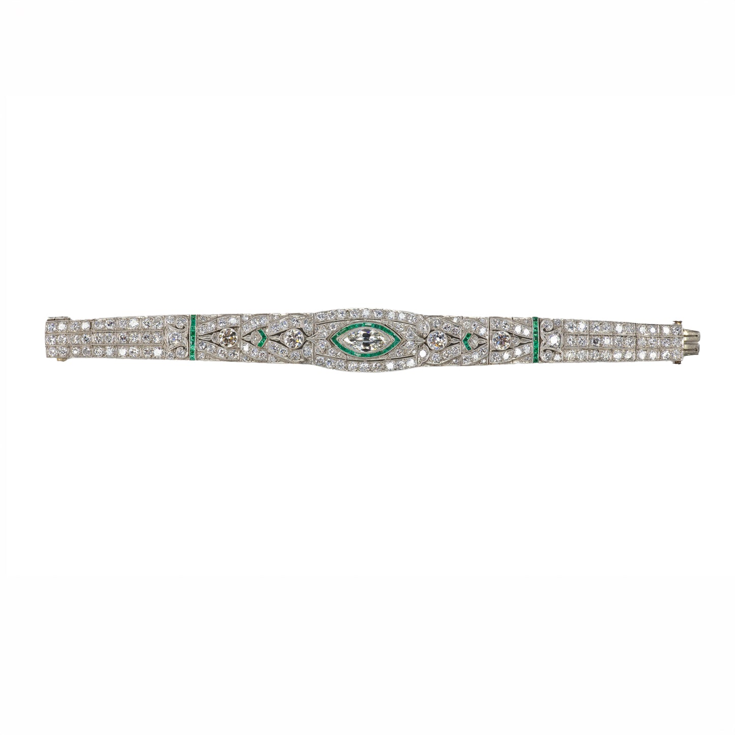 Platinum Art Deco Diamond and Calibre-Cut Emerald Geometric Bracelet