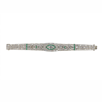 Platinum Art Deco Diamond and Calibre-Cut Emerald Geometric Bracelet