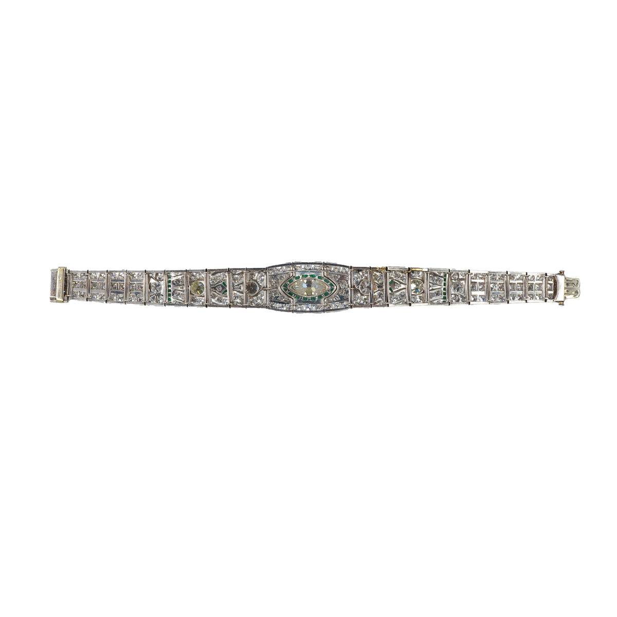 Platinum Art Deco Diamond and Calibre-Cut Emerald Geometric Bracelet