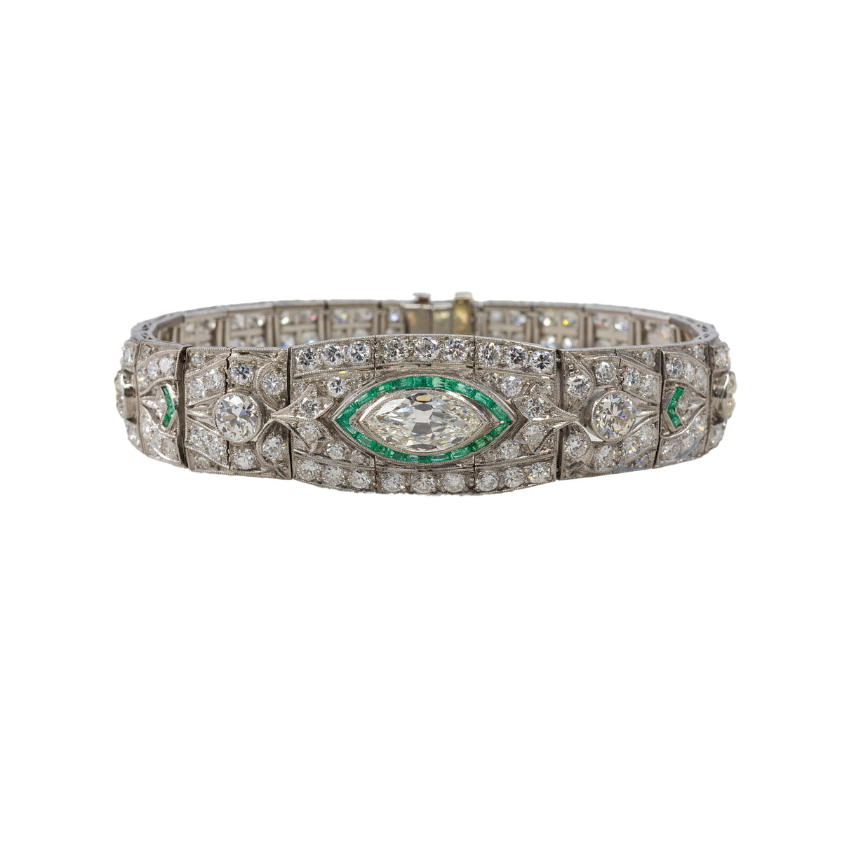 Platinum Art Deco Diamond and Calibre-Cut Emerald Geometric Bracelet