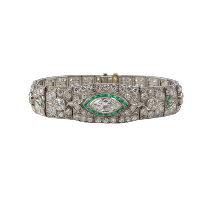 Platinum Art Deco Diamond and Calibre-Cut Emerald Geometric Bracelet