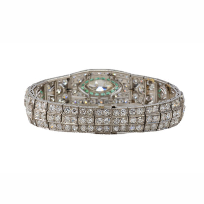 Platinum Art Deco Diamond and Calibre-Cut Emerald Geometric Bracelet