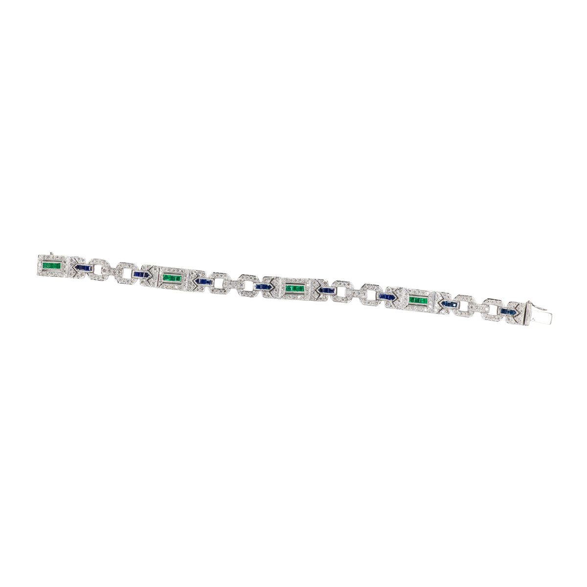 White Gold Sapphire, Emerald, and Diamond Geometric Link Bracelet