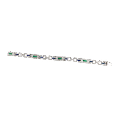 White Gold Sapphire, Emerald, and Diamond Geometric Link Bracelet