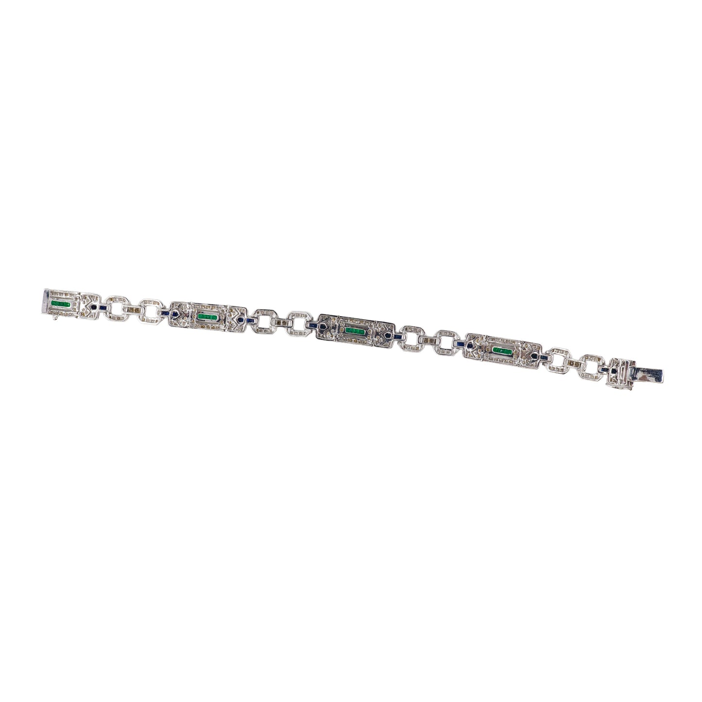 White Gold Sapphire, Emerald, and Diamond Geometric Link Bracelet