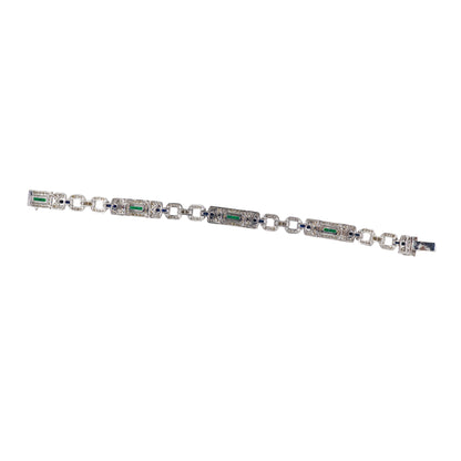 White Gold Sapphire, Emerald, and Diamond Geometric Link Bracelet