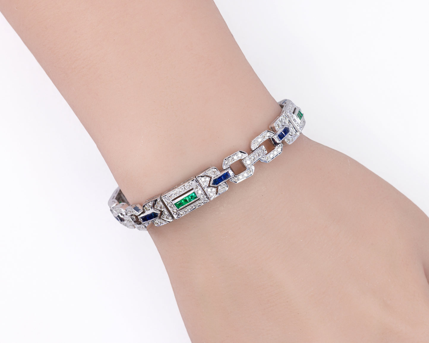 White Gold Sapphire, Emerald, and Diamond Geometric Link Bracelet