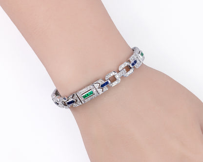 White Gold Sapphire, Emerald, and Diamond Geometric Link Bracelet