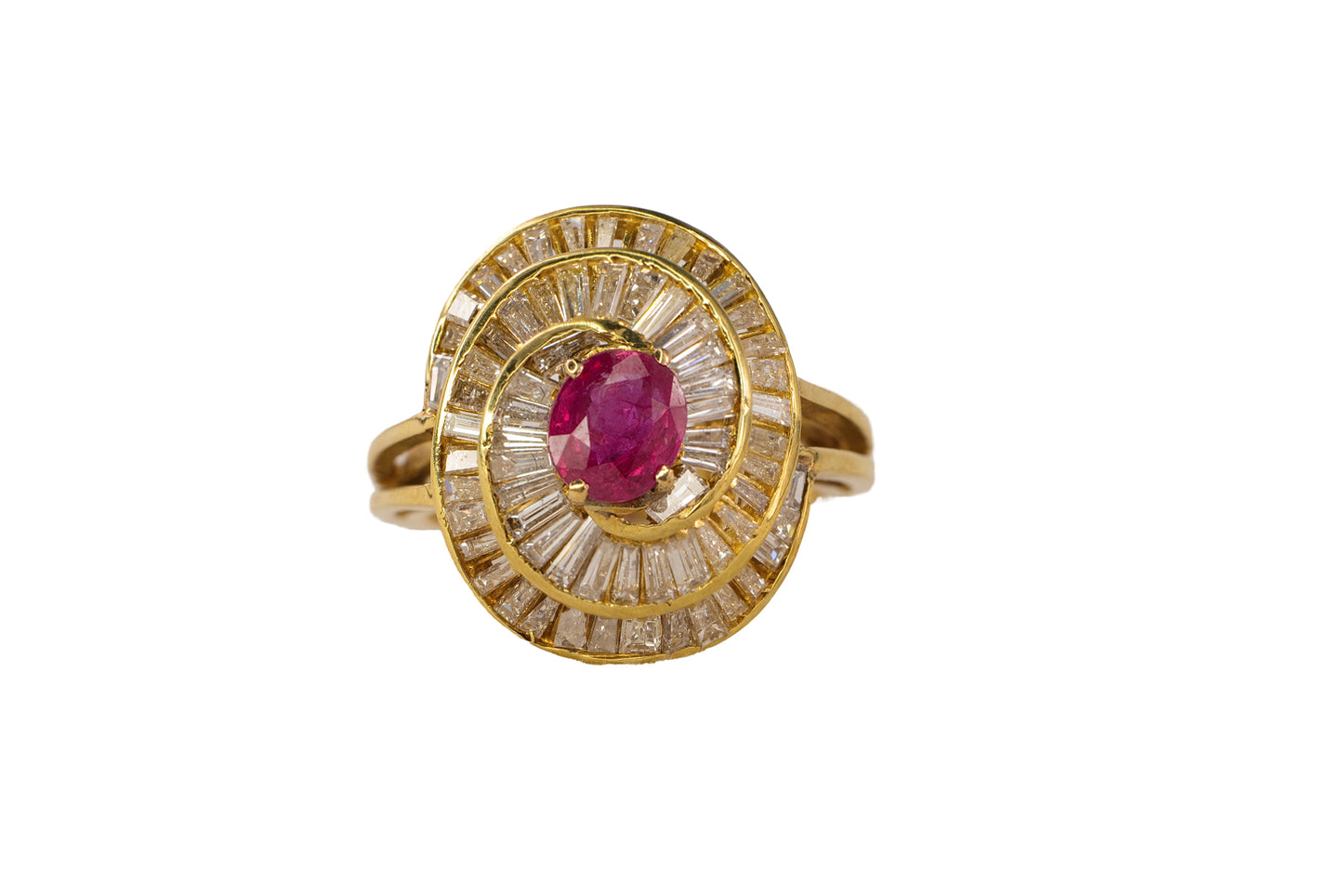 Gold Oval Ruby and Swirling Baguette Diamond Ballerina Ring
