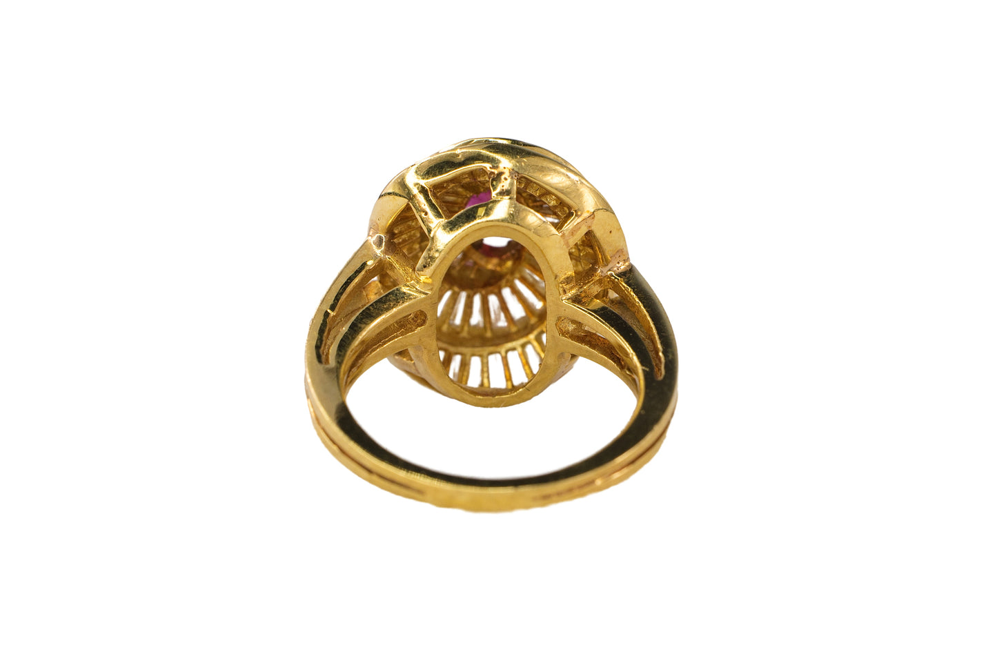 Gold Oval Ruby and Swirling Baguette Diamond Ballerina Ring