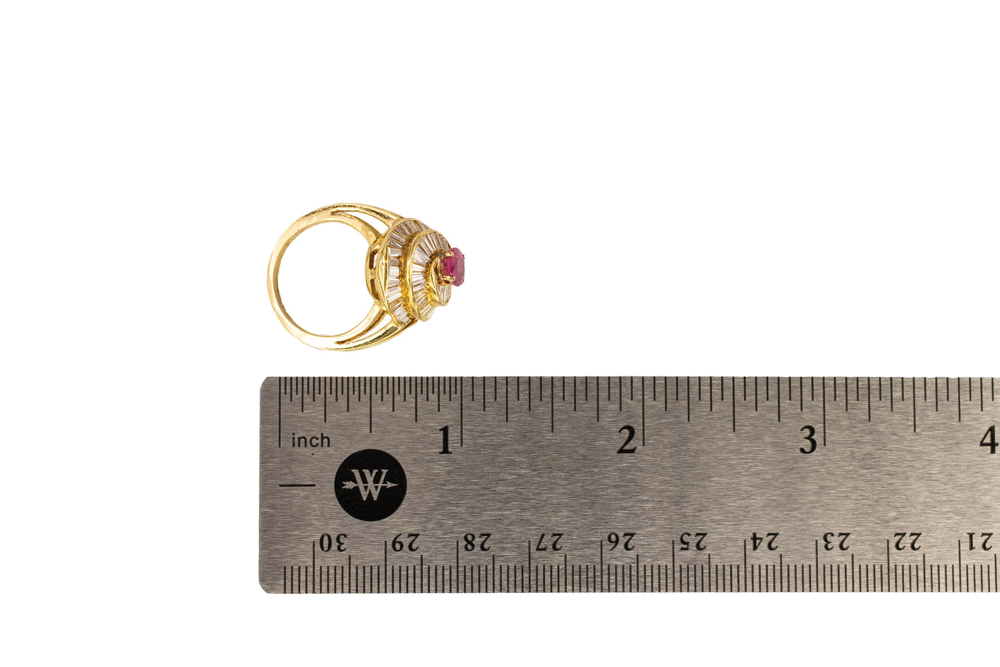 Gold Oval Ruby and Swirling Baguette Diamond Ballerina Ring