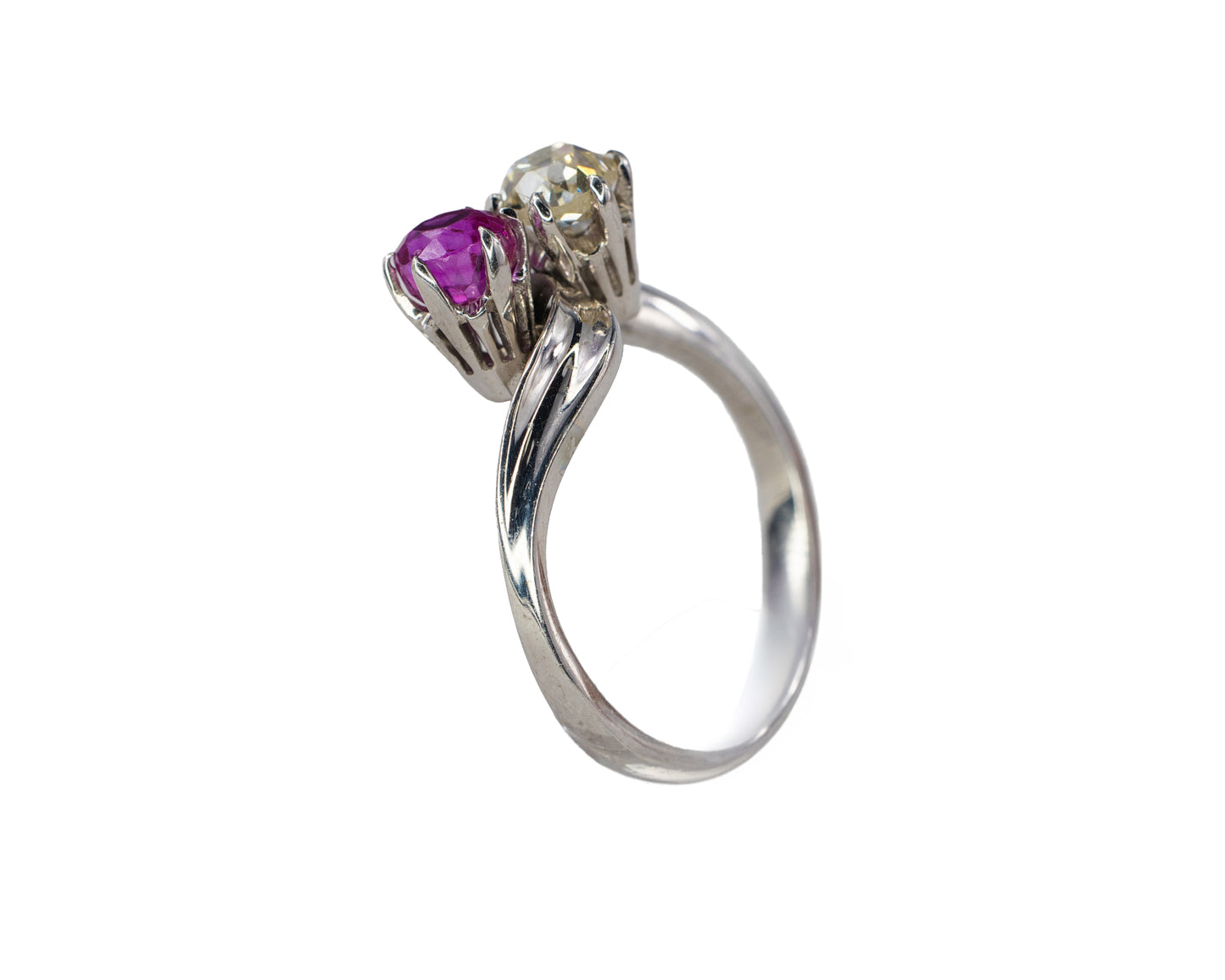 White Gold Round Ruby and Diamond Bypass Toi et Moi Ring