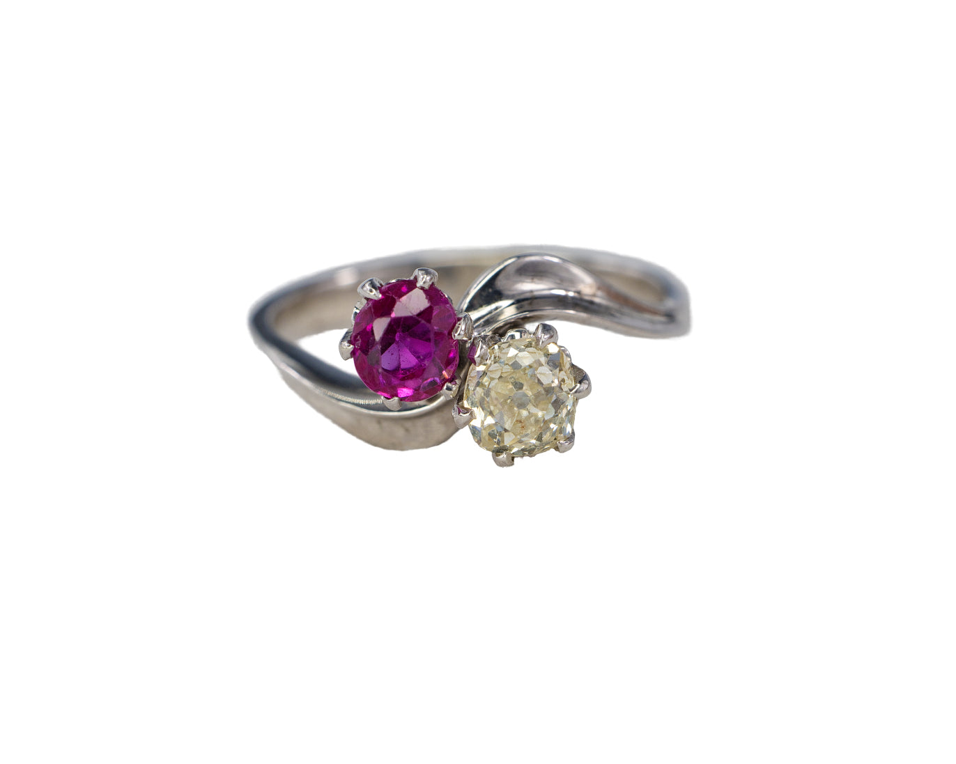 White Gold Round Ruby and Diamond Bypass Toi et Moi Ring