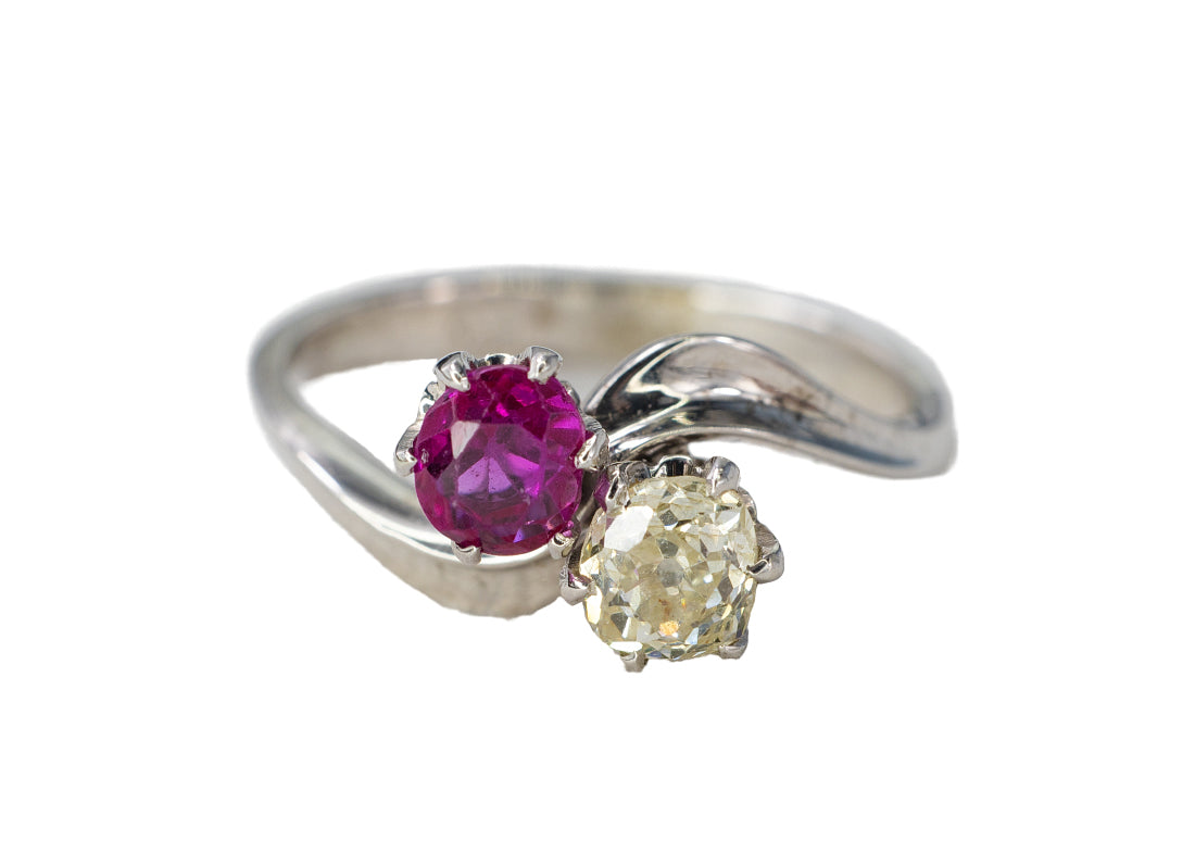 White Gold Round Ruby and Diamond Bypass Toi et Moi Ring