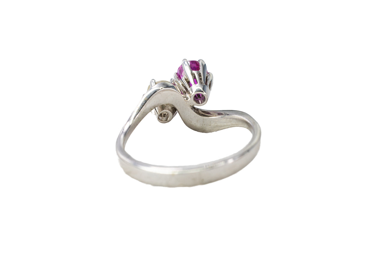 White Gold Round Ruby and Diamond Bypass Toi et Moi Ring